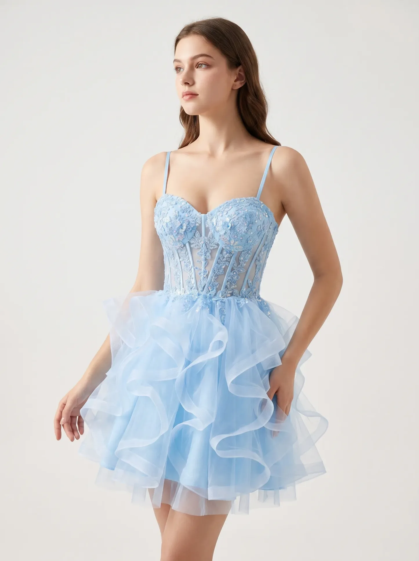 [Copy]Gorgeous Thick Straps Watercolor Dress | Homecoming Tiered Floral Tulle Corset Mini Gown