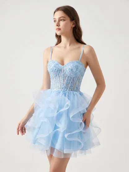 [Copy]Gorgeous Thick Straps Watercolor Dress | Homecoming Tiered Floral Tulle Corset Mini Gown