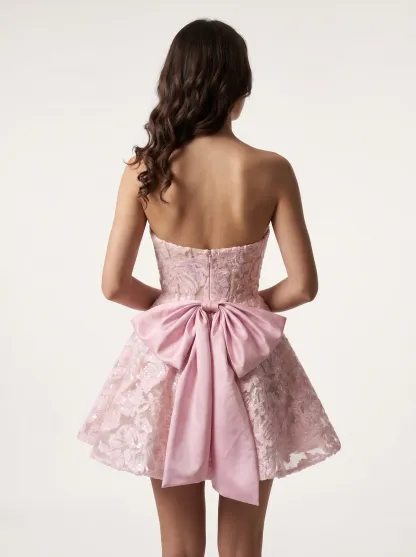[Copy]Enchanting Strapless Pink Dress | Homecoming Floral Embroidered Corset Tulle Mini Gown