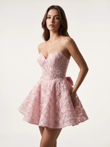 [Copy]Enchanting Strapless Pink Dress | Homecoming Floral Embroidered Corset Tulle Mini Gown