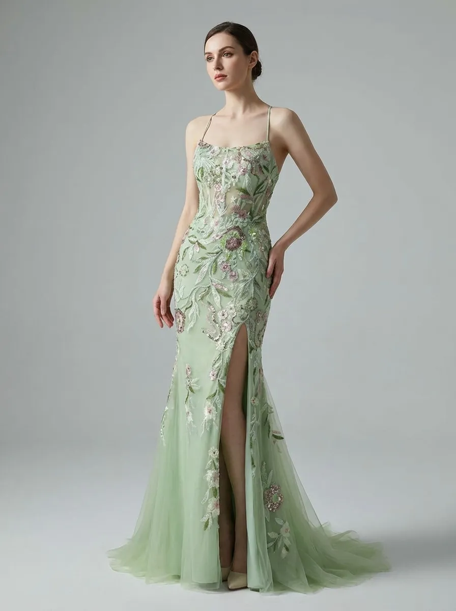 sage green floral prom dress Mermaid formal green floral dress