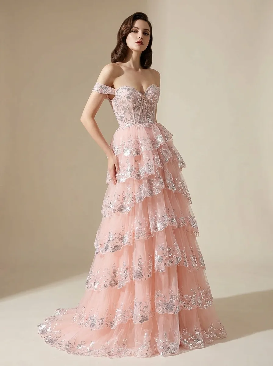 Black Sequin Tiered Prom Dress | Off-the-Shoulder Corset Gown with Slit