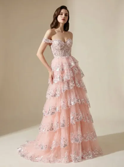 Black Sequin Tiered Prom Dress | Off-the-Shoulder Corset Gown with Slit
