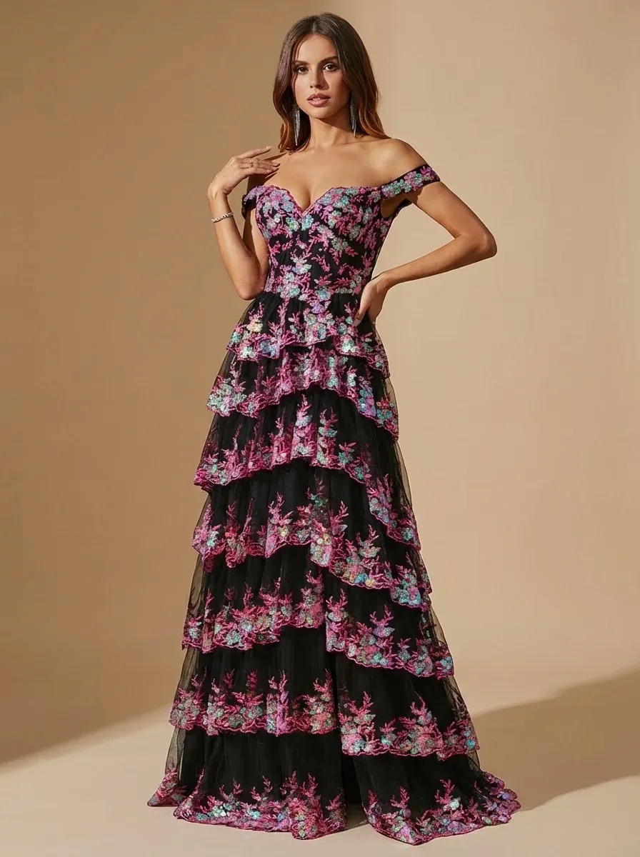 Black Sequin Tiered Prom Dress | Off-the-Shoulder Corset Gown with Slit