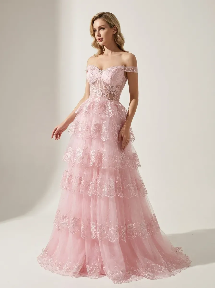 Black Sequin Tiered Prom Dress | Off-the-Shoulder Corset Gown with Slit