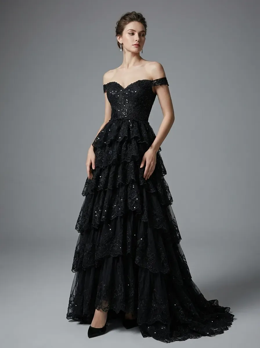 Black Sequin Tiered Prom Dress | Off-the-Shoulder Corset Gown with Slit