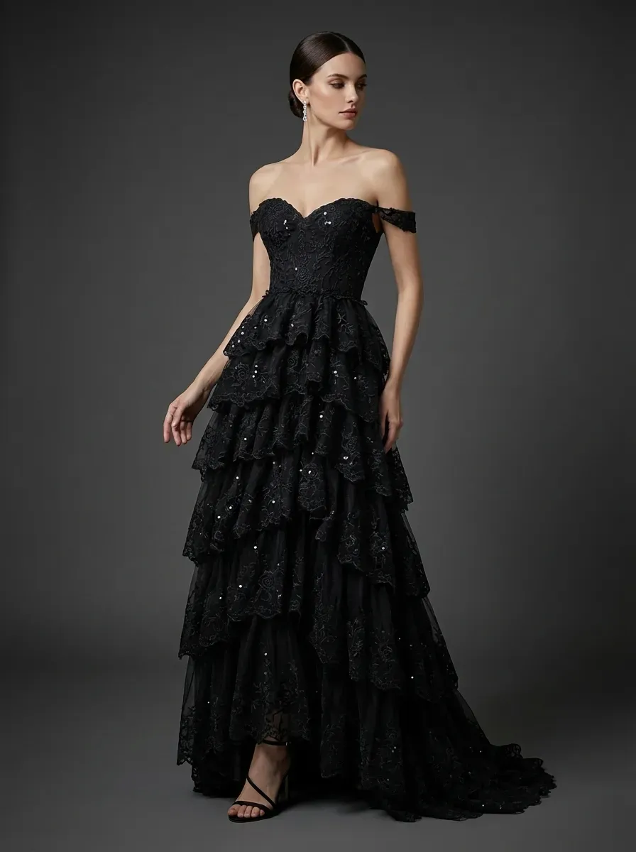 Black Sequin Tiered Prom Dress | Off-the-Shoulder Corset Gown with Slit