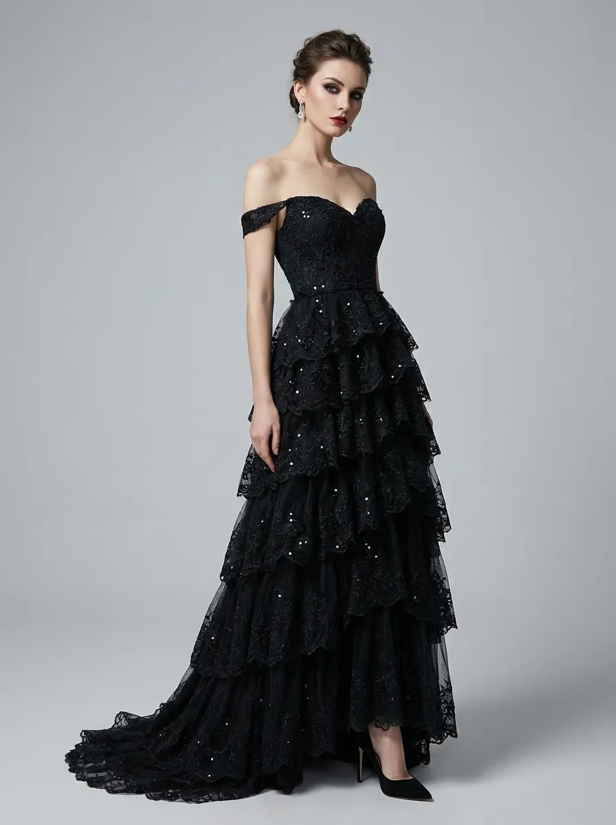 Black Sequin Tiered Prom Dress | Off-the-Shoulder Corset Gown with Slit