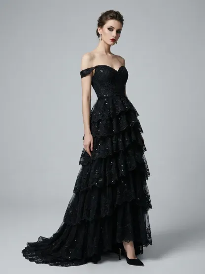 Black Sequin Tiered Prom Dress | Off-the-Shoulder Corset Gown with Slit