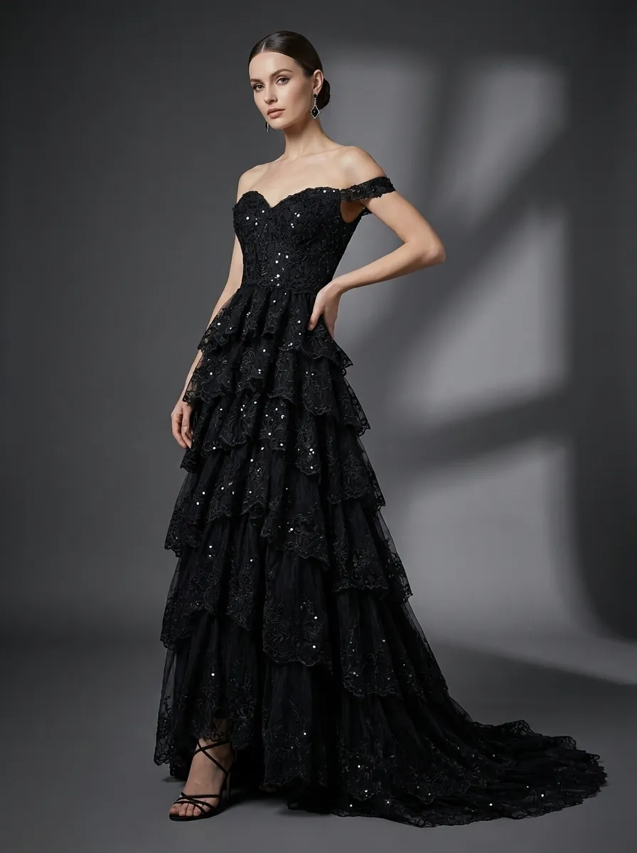 Black Sequin Tiered Prom Dress | Off-the-Shoulder Corset Gown with Slit