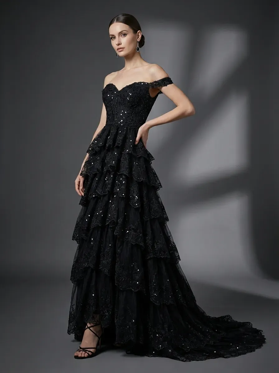 Black Sequin Tiered Prom Dress | Off-the-Shoulder Corset Gown with Slit