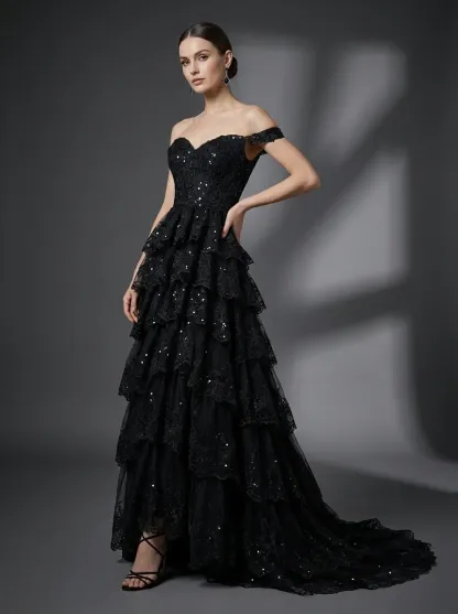 Black Sequin Tiered Prom Dress | Off-the-Shoulder Corset Gown with Slit