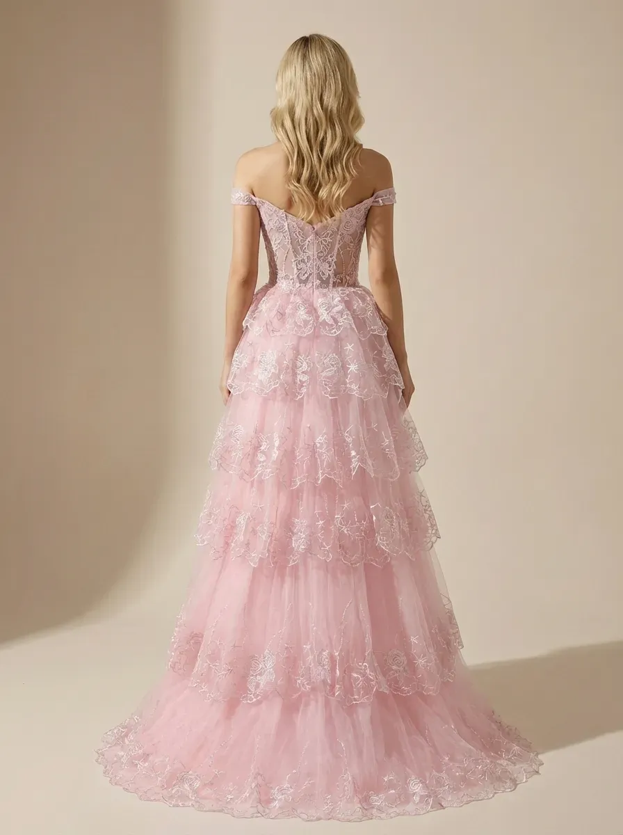 Black Sequin Tiered Prom Dress | Off-the-Shoulder Corset Gown with Slit