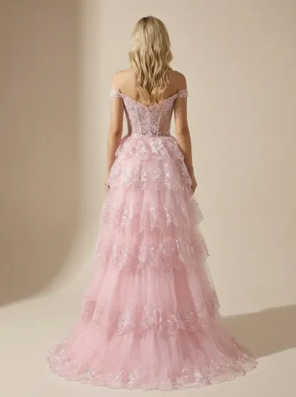 Black Sequin Tiered Prom Dress | Off-the-Shoulder Corset Gown with Slit