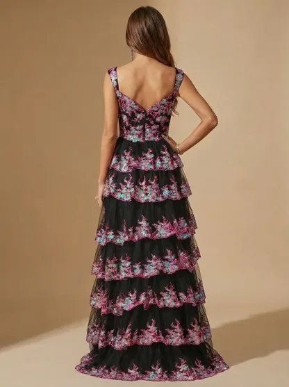 Black Sequin Tiered Prom Dress | Off-the-Shoulder Corset Gown with Slit