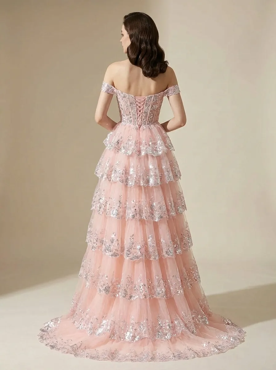 Black Sequin Tiered Prom Dress | Off-the-Shoulder Corset Gown with Slit