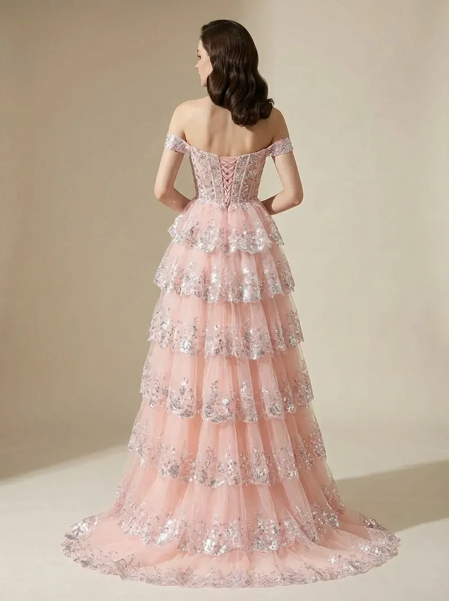 Black Sequin Tiered Prom Dress | Off-the-Shoulder Corset Gown with Slit