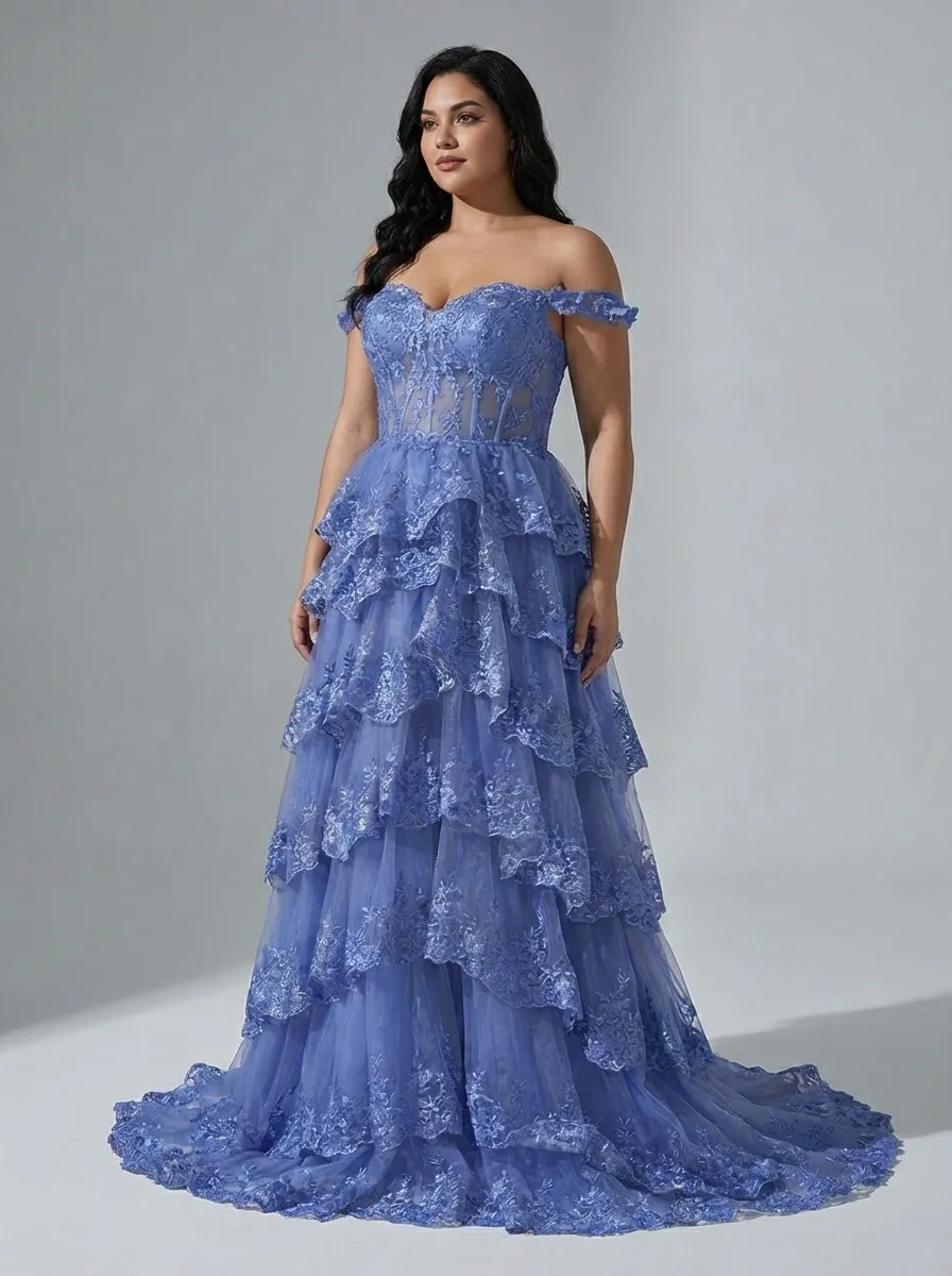 Black Sequin Tiered Prom Dress | Off-the-Shoulder Corset Gown with Slit