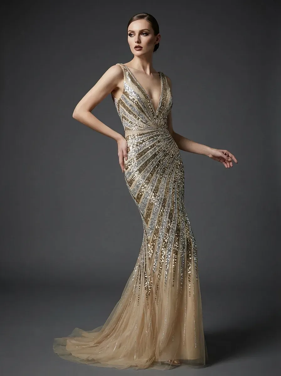 Golden V-Neck Mermaid Prom Dress | Shimmering Formal Gown with High Slit