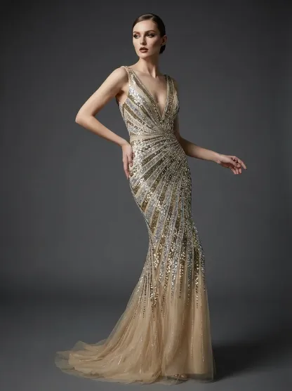Golden V-Neck Mermaid Prom Dress | Shimmering Formal Gown with High Slit