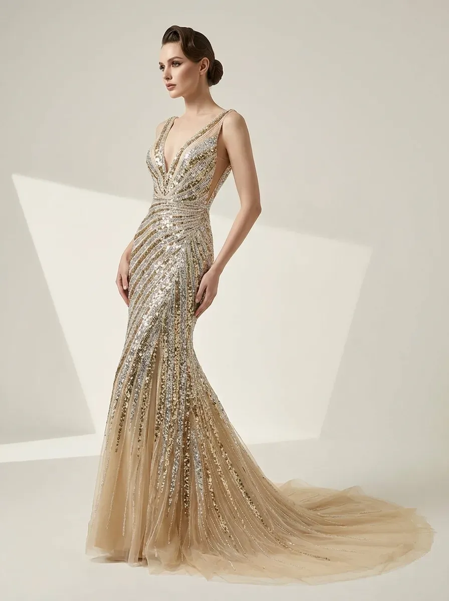 Golden V-Neck Mermaid Prom Dress | Shimmering Formal Gown with High Slit