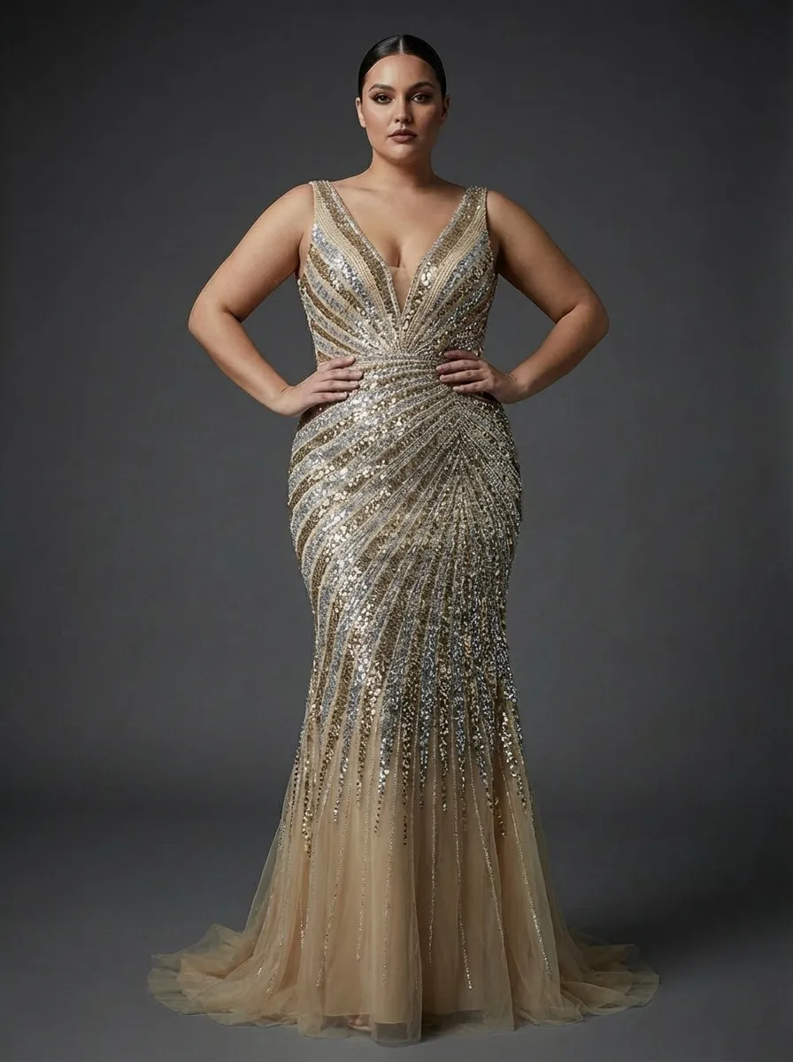 Golden V-Neck Mermaid Prom Dress | Shimmering Formal Gown with High Slit