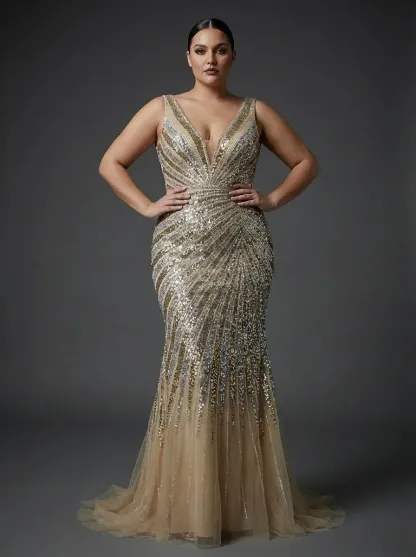 Golden V-Neck Mermaid Prom Dress | Shimmering Formal Gown with High Slit