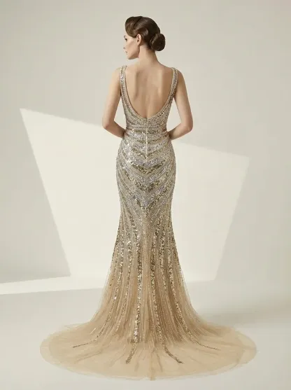 Golden V-Neck Mermaid Prom Dress | Shimmering Formal Gown with High Slit