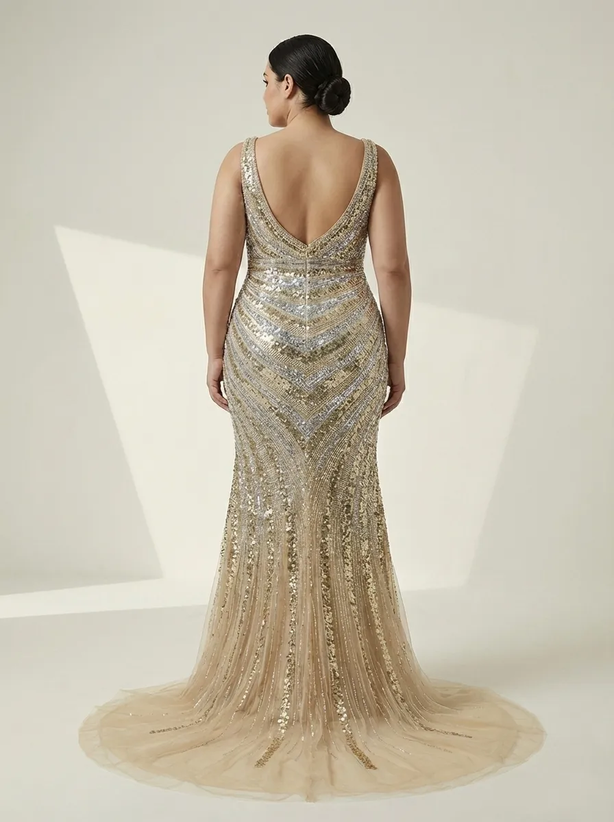 Golden V-Neck Mermaid Prom Dress | Shimmering Formal Gown with High Slit