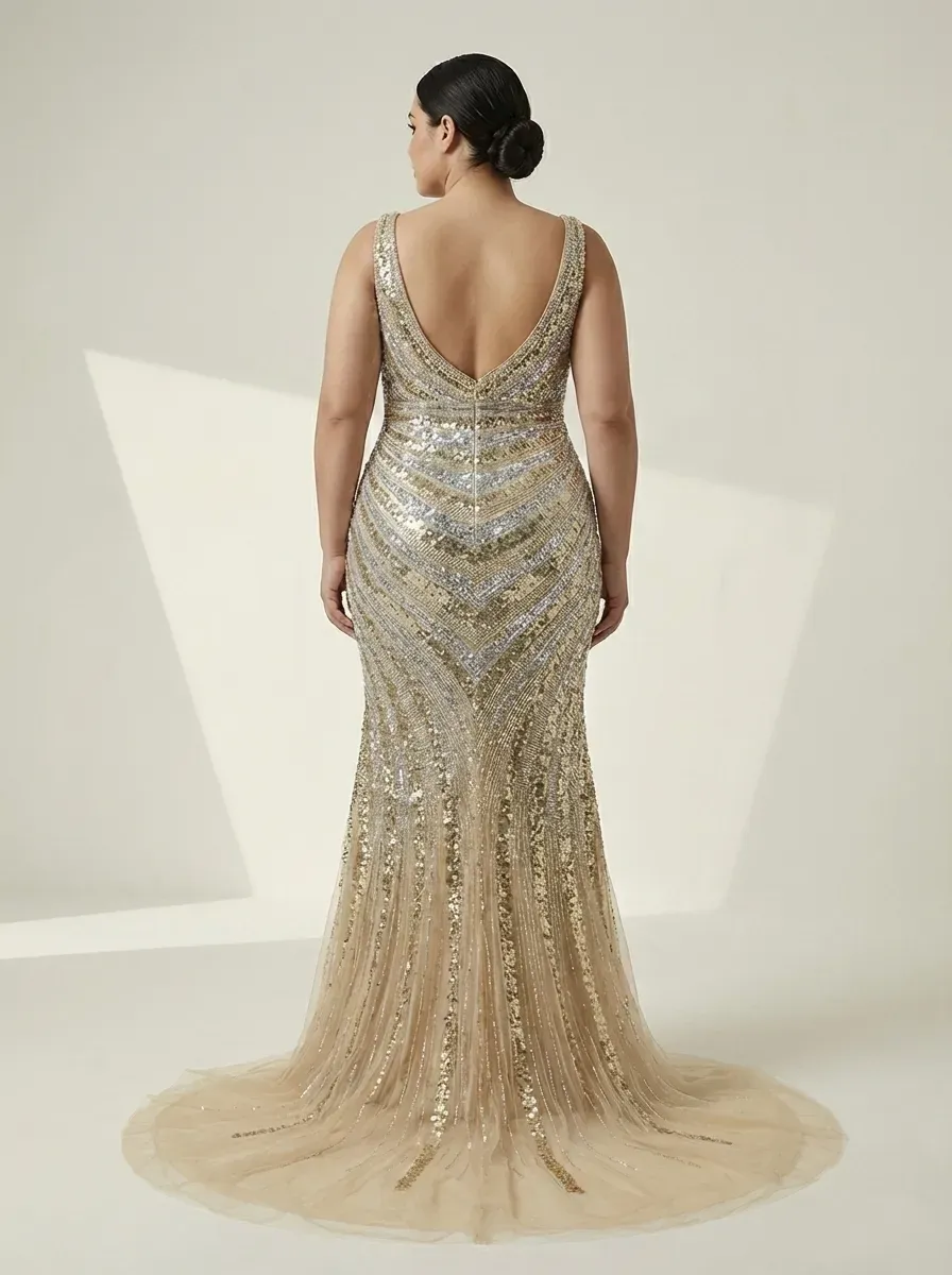 Golden V-Neck Mermaid Prom Dress | Shimmering Formal Gown with High Slit