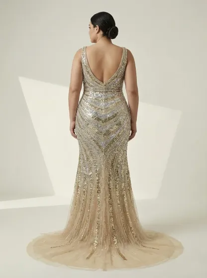 Golden V-Neck Mermaid Prom Dress | Shimmering Formal Gown with High Slit
