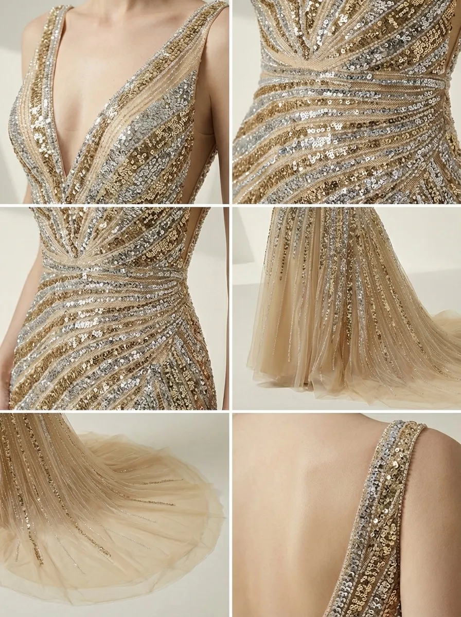 Golden V-Neck Mermaid Prom Dress | Shimmering Formal Gown with High Slit