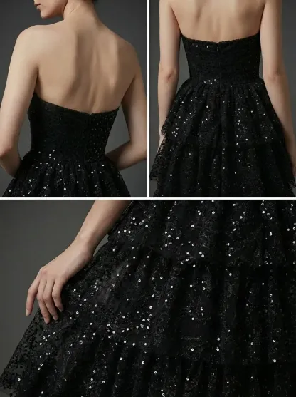 Black Sequin A-Line Prom Dress | Tiered Skirt Gown with High Slit