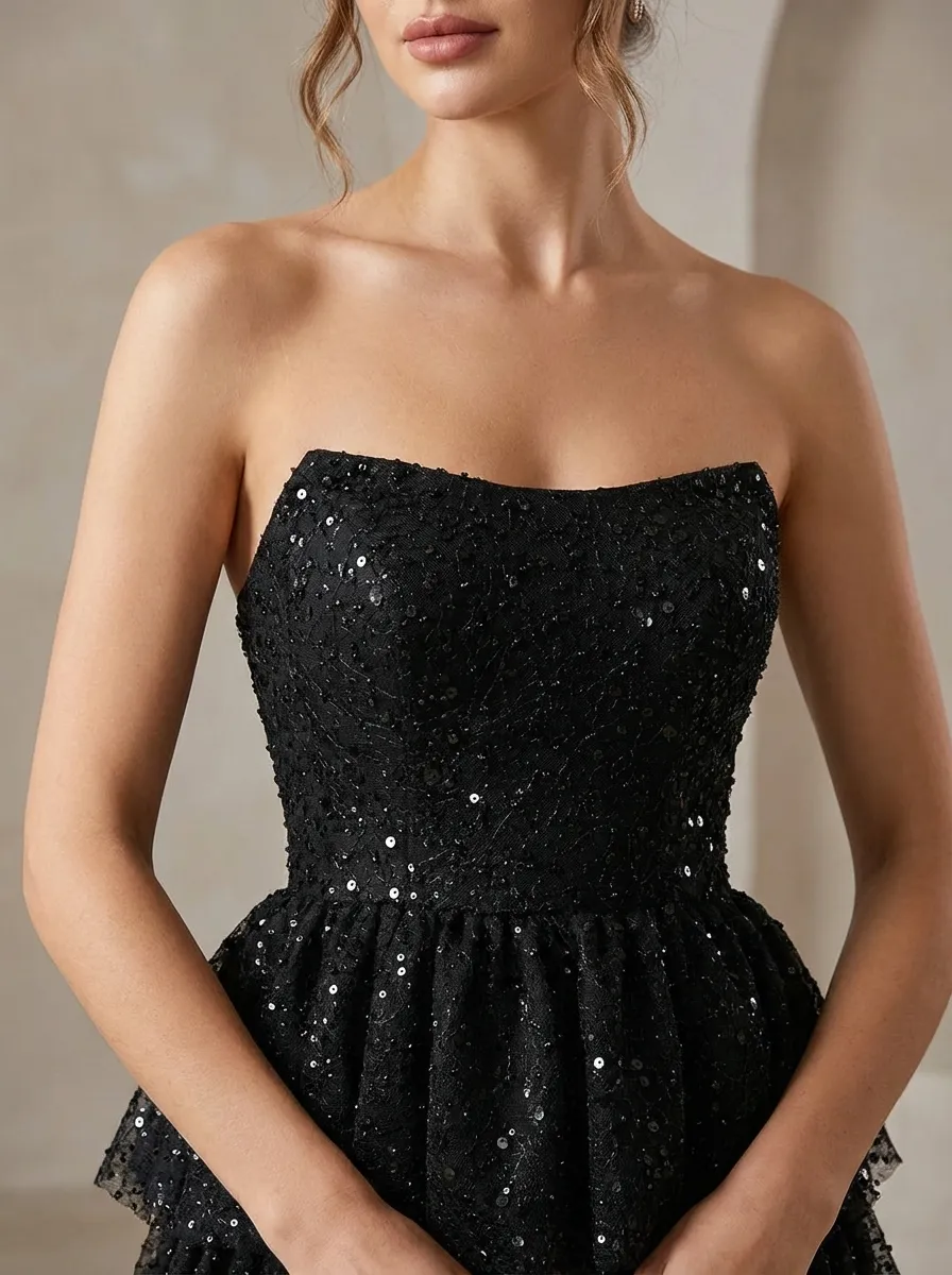 Black Sequin A-Line Prom Dress | Tiered Skirt Gown with High Slit