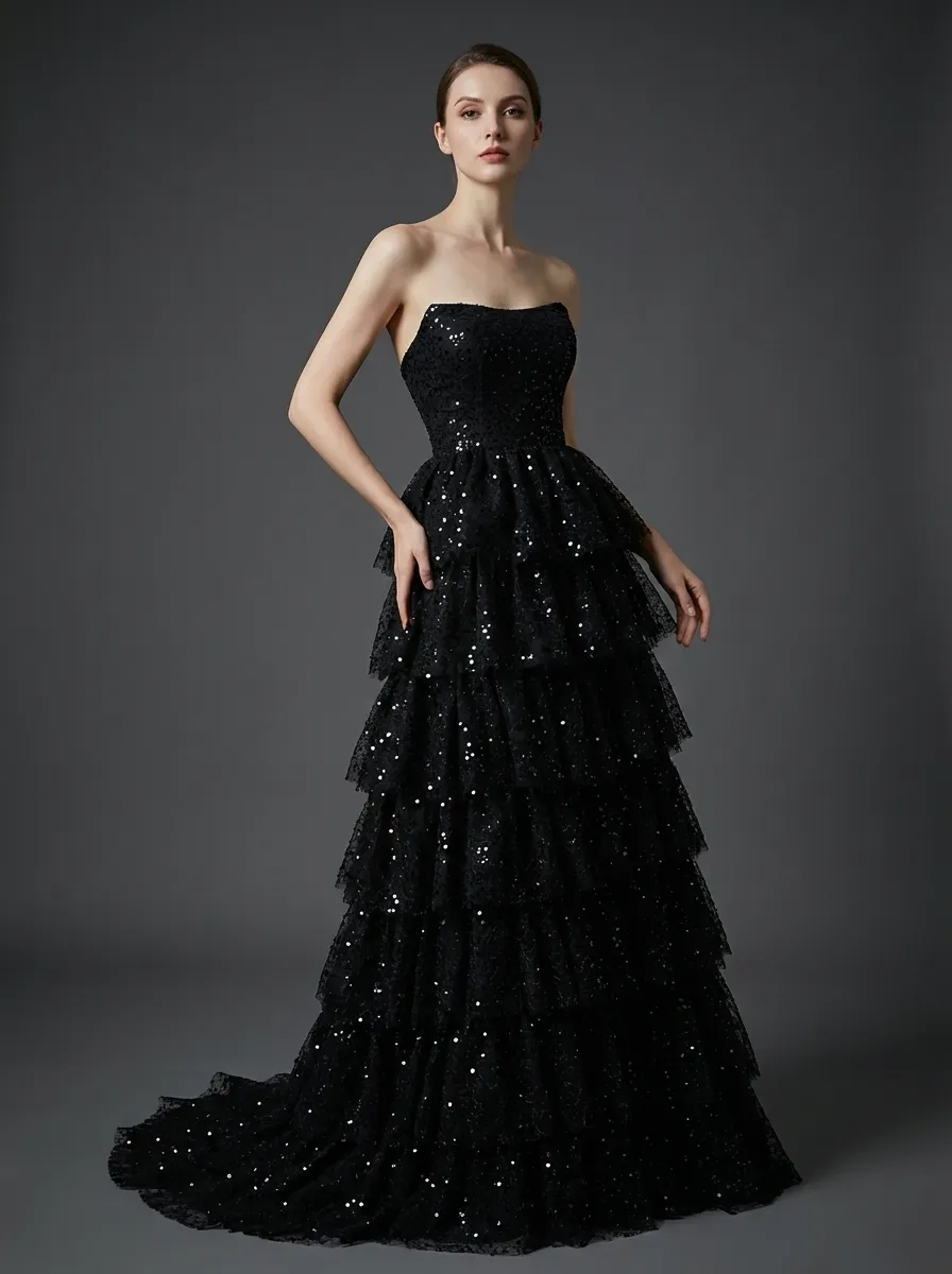 Black Sequin A-Line Prom Dress | Tiered Skirt Gown with High Slit