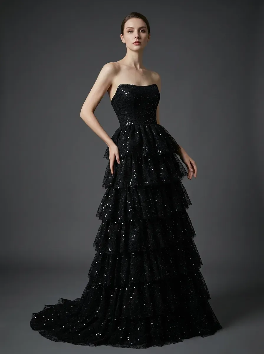 Black Sequin A-Line Prom Dress | Tiered Skirt Gown with High Slit