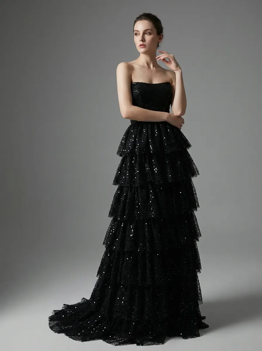 Black Sequin A-Line Prom Dress | Tiered Skirt Gown with High Slit