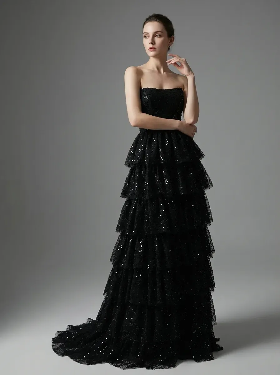 Black Sequin A-Line Prom Dress | Tiered Skirt Gown with High Slit