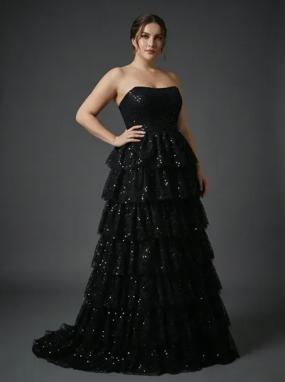 Black Sequin A-Line Prom Dress | Tiered Skirt Gown with High Slit