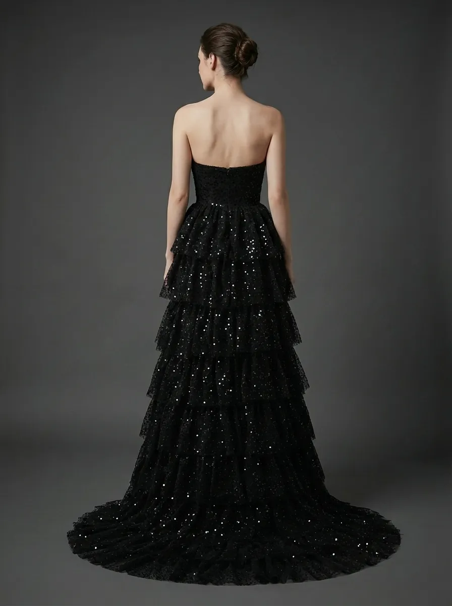 Black Sequin A-Line Prom Dress | Tiered Skirt Gown with High Slit