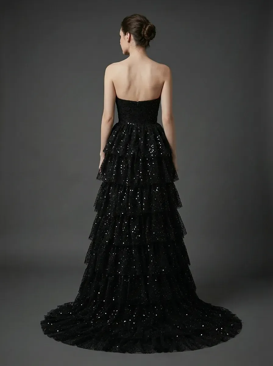 Black Sequin A-Line Prom Dress | Tiered Skirt Gown with High Slit