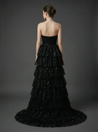 Black Sequin A-Line Prom Dress | Tiered Skirt Gown with High Slit