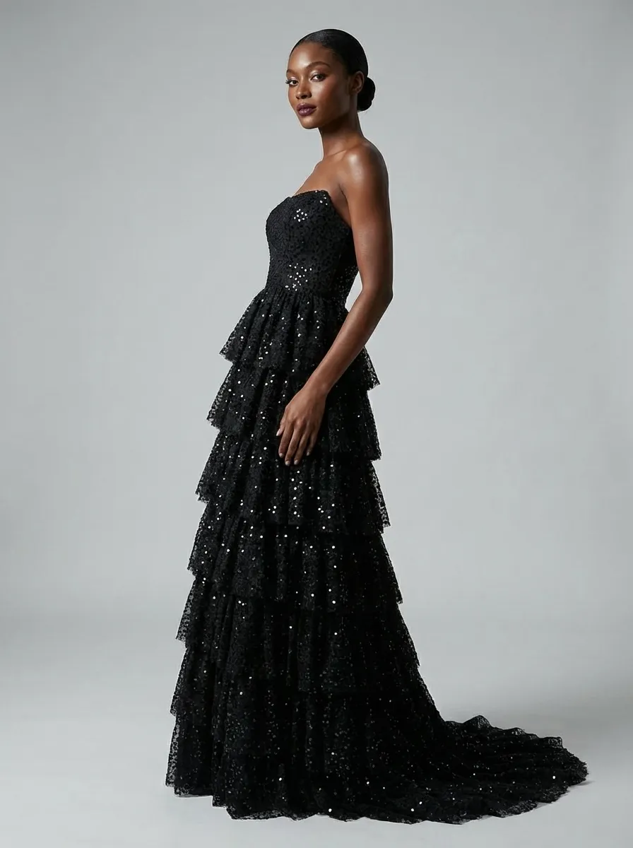 Black Sequin A-Line Prom Dress | Tiered Skirt Gown with High Slit