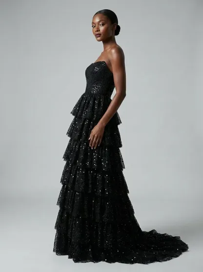 Black Sequin A-Line Prom Dress | Tiered Skirt Gown with High Slit