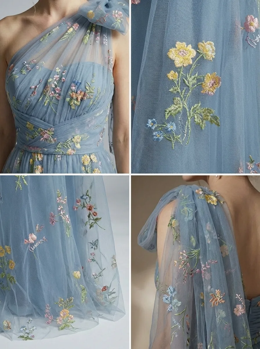 Grey Blue Embroidered Prom Dress | A-Line Tulle Gown with Bowknot Straps