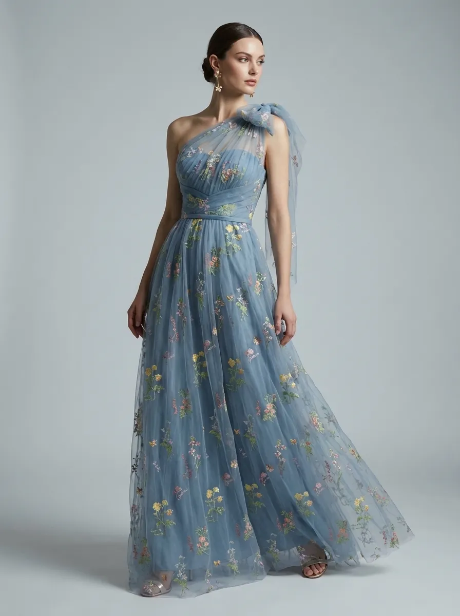Grey Blue Embroidered Prom Dress | A-Line Tulle Gown with Bowknot Straps