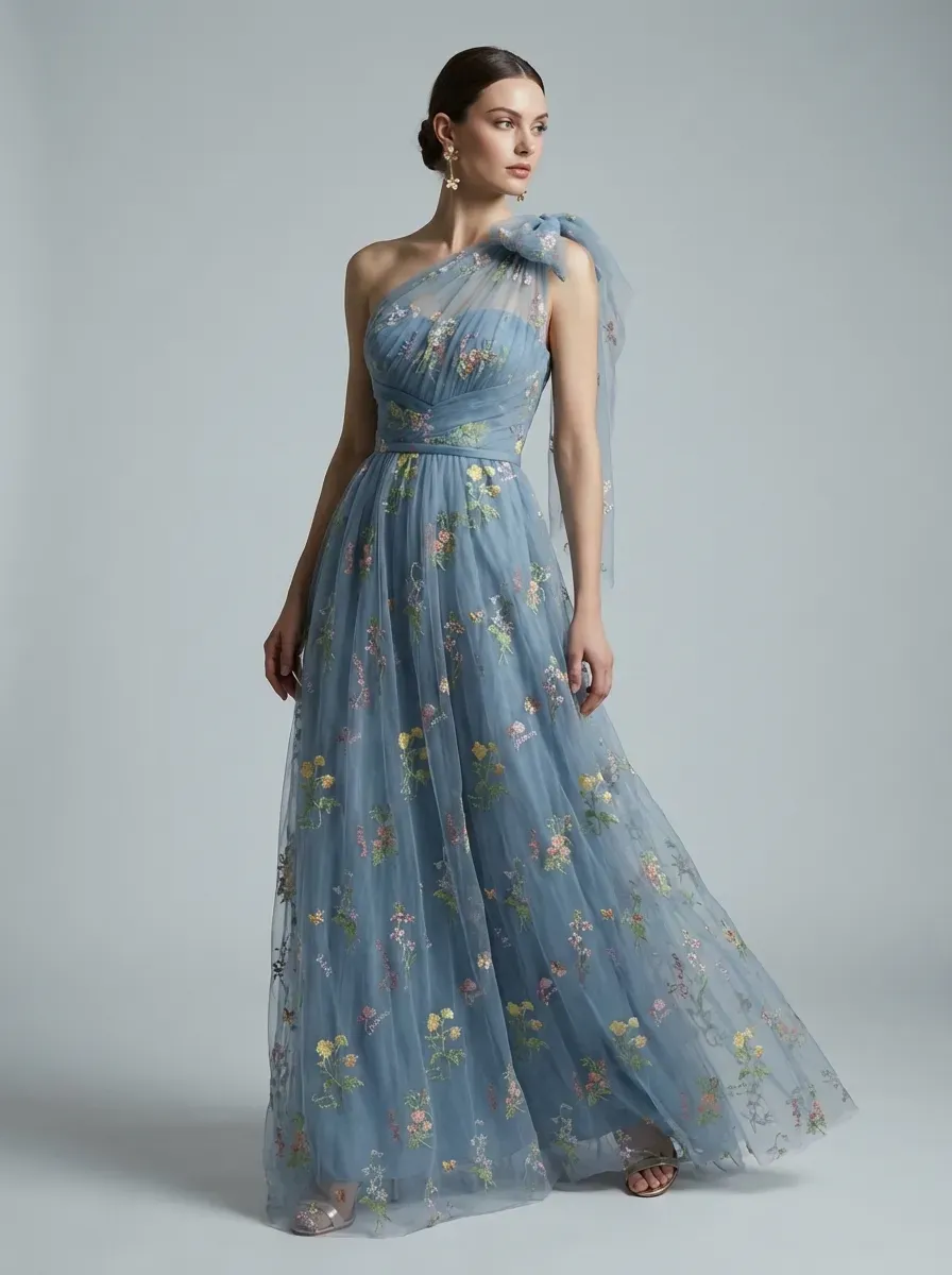 Grey Blue Embroidered Prom Dress | A-Line Tulle Gown with Bowknot Straps