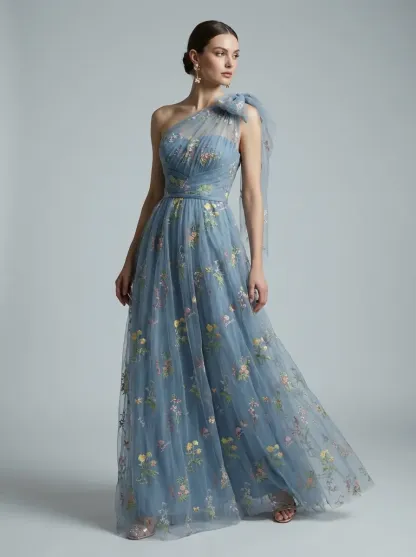 Grey Blue Embroidered Prom Dress | A-Line Tulle Gown with Bowknot Straps