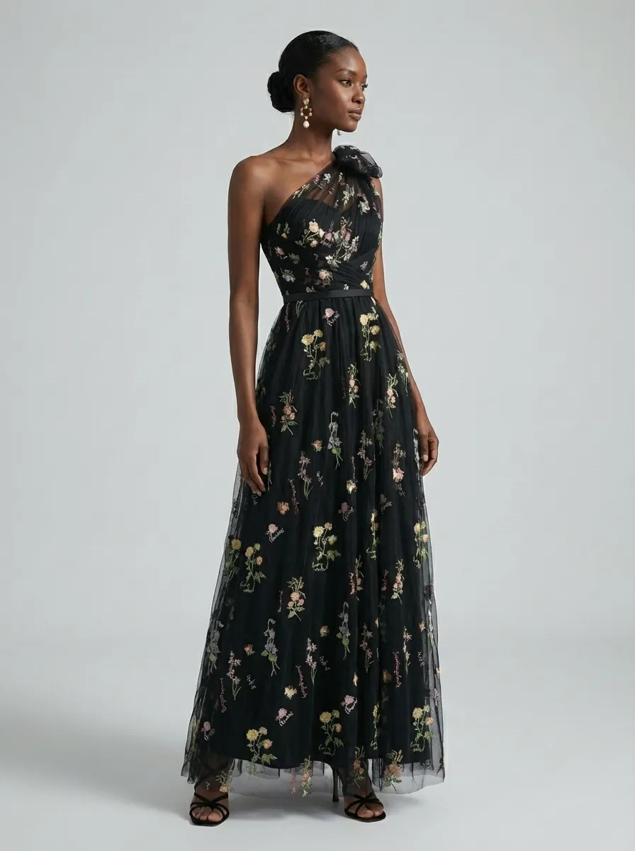 Grey Blue Embroidered Prom Dress | A-Line Tulle Gown with Bowknot Straps