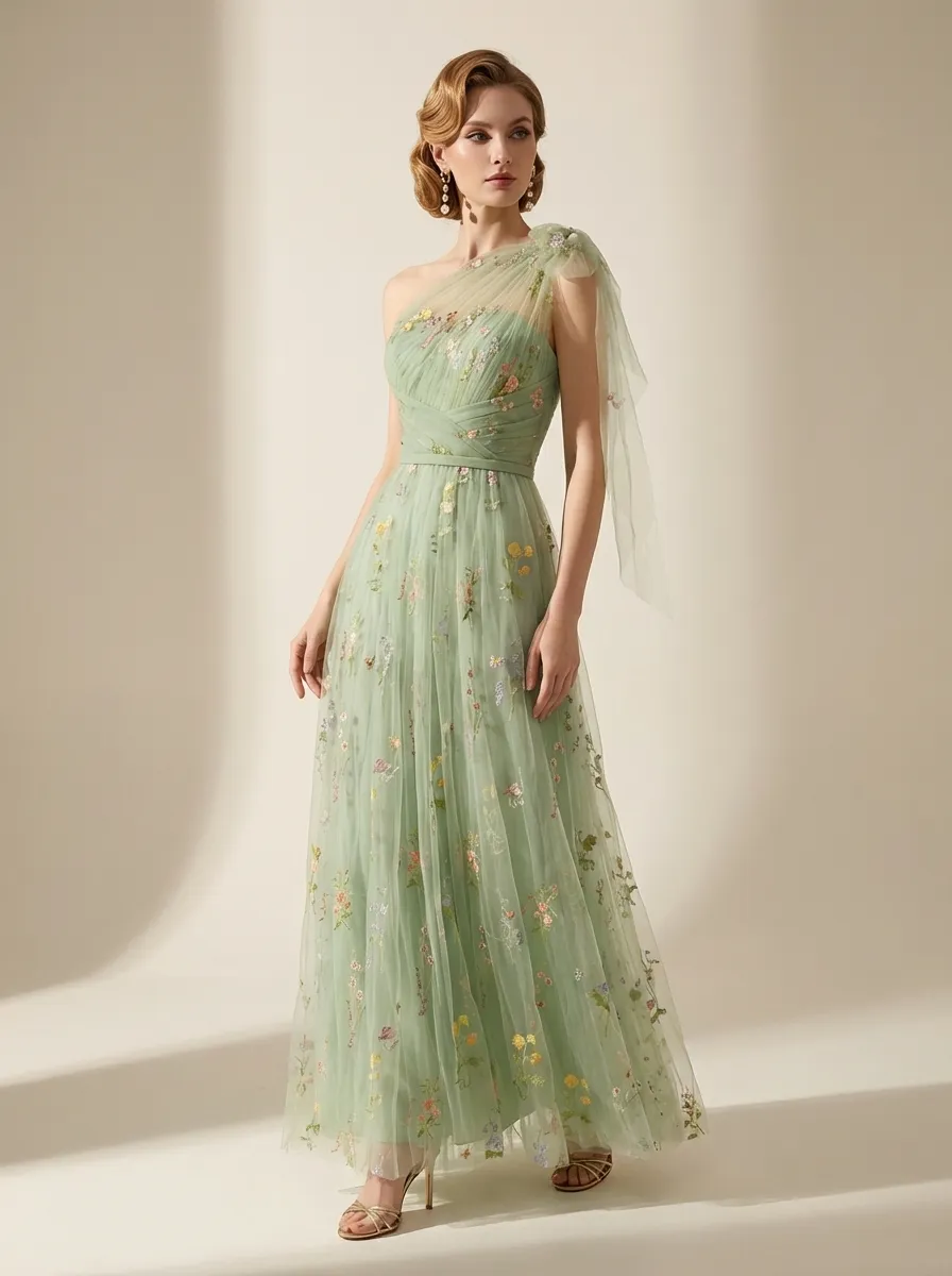 Grey Blue Embroidered Prom Dress | A-Line Tulle Gown with Bowknot Straps